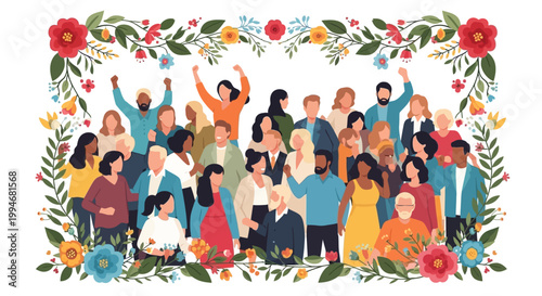 People celebrate with Kamehameha on a joyful day in a vibrant floral setting