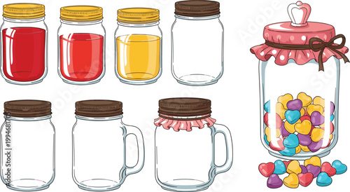 Glass jars collection with colored liquids, mason jar mugs and candy jar with heart sweets vector illustration set