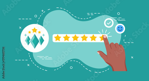 Customer feedback and rating system with star ratings and happy face icon