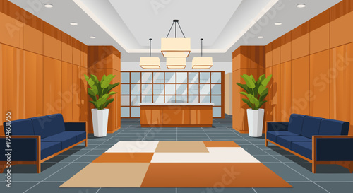 Modern hotel lobby with reception desk, seating areas, and potted plants, creating a welcoming and stylish atmosphere