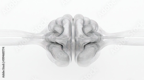 Abstract mirrored grayscale image of a human brain on a white background