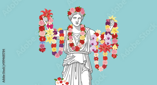 Statue performs Kamehameha on a sunny day with floral decorations