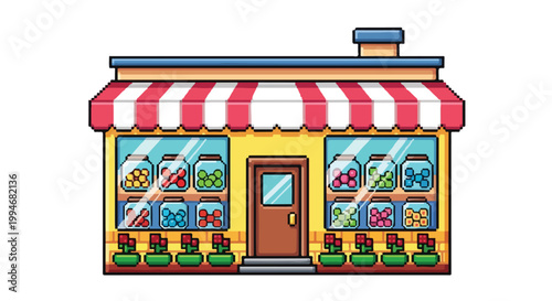 A charming pixel art illustration of a colorful candy shop featuring a red and white striped awning and windows filled with glass jars of sweets.