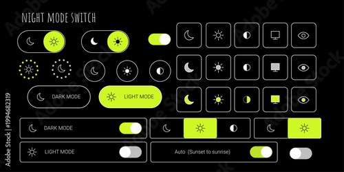 Y2k night mode switch ui kit with dark theme light mode toggle and interface icons