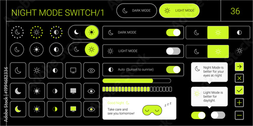 Y2k night mode switch ui set with dark theme light mode toggle and interface elements