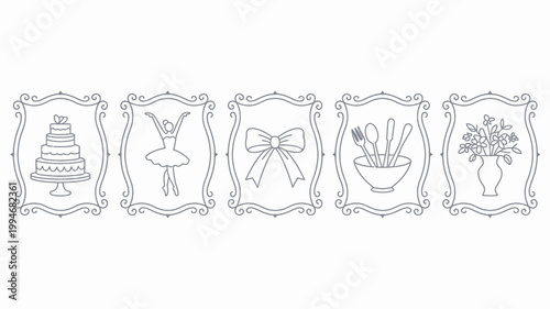 A series of five framed black and white illustrations depict a cake ballerina bow cutlery and flowers arranged horizontally high quality professional detailed modern elegant stylish