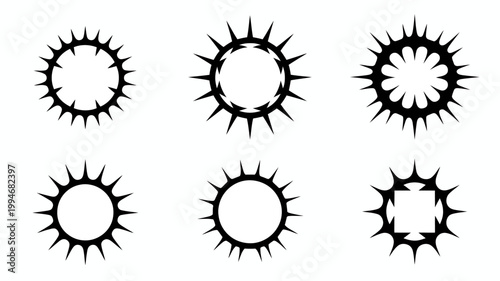 A collection of six black circular and star shaped designs are displayed against a plain white background showing graphic elements high quality professional detailed modern elegant