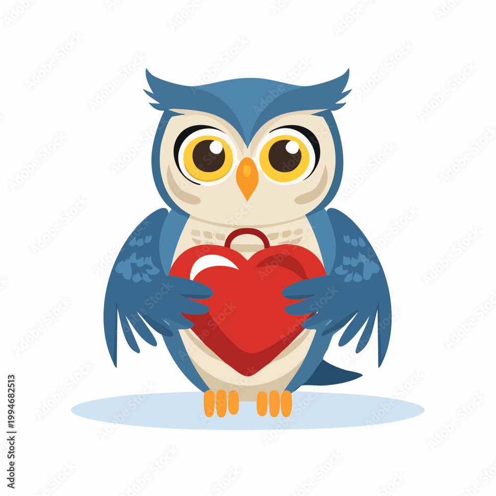 Obraz premium Cute Blue Owl Holding a Red Heart