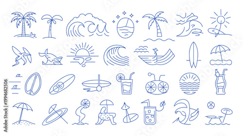 A collection of hand drawn blue line art icons depicting various summer and beach related objects and activities high quality professional detailed modern elegant stylish clean