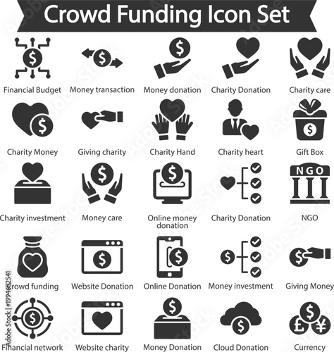 Set of black crowd funding and charity icons showing money donation and community financial support symbols
