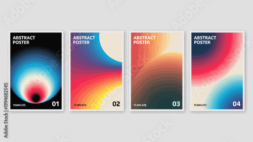 Four abstract poster templates are displayed each showcasing a unique color gradient and minimalist design with numbered identifiers high quality professional detailed modern elegant stylish clean