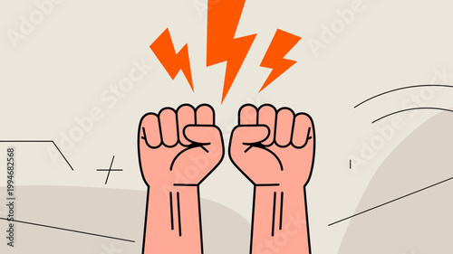 Two clenched fists are raised in the air accompanied by three vibrant orange lightning bolts above them symbolizing power high quality professional detailed modern elegant stylish