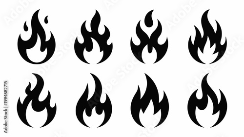 A collection of eight stylized black flame illustrations arranged in a grid showcasing various shapes and dynamic curves high quality professional detailed modern elegant stylish clean