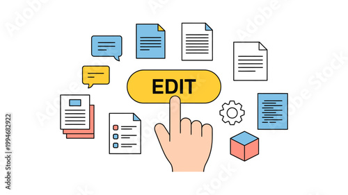A colorful illustration depicts a hand pressing an edit button surrounded by document and communication icons high quality professional detailed modern elegant stylish clean crisp vibrant