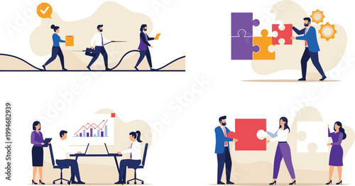 "Business teamwork collaboration concept with professionals solving puzzles, analyzing data, achieving goals, and integrating systems for success"