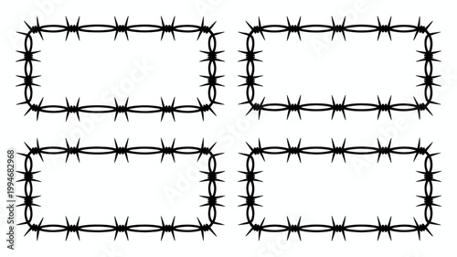 A stark black and white image depicts four rectangular frames constructed entirely from tightly coiled barbed wire against a white background high quality professional detailed modern