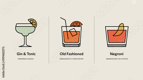A minimalist illustration showcases three classic cocktails a gin tonic an old fashioned and a negroni arranged in a row high quality professional detailed modern elegant