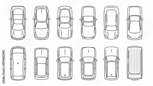 A minimalist black and white illustration depicts a grid arrangement of twelve vehicle outlines showcasing diverse car types and body styles high quality professional detailed modern