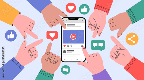 A diverse group of hands are pointing towards a smartphone displaying a social media video symbolizing online engagement high quality professional detailed modern elegant stylish clean