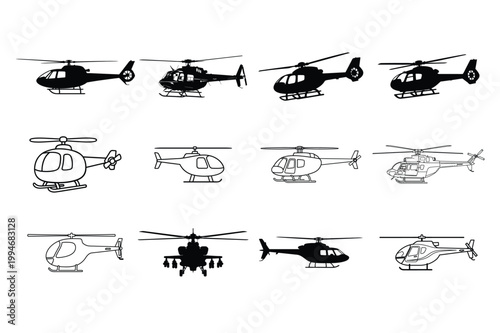 Helicopter Silhouette And Outline Icons Set Military And Civil Aircraft Collection