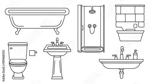 A linear illustration depicts various bathroom fixtures including a bathtub shower toilet sinks and vanities in a minimalist style high quality professional detailed modern elegant stylish