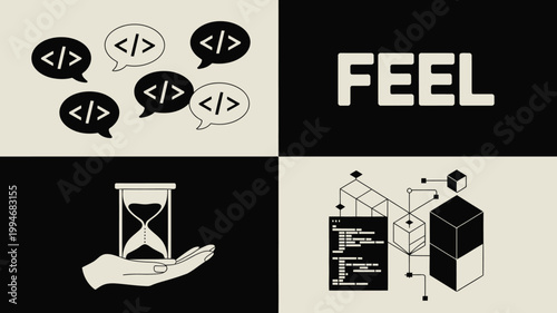 A split screen design features coding symbols in speech bubbles the word feel an hourglass and a complex isometric structure high quality professional detailed modern elegant