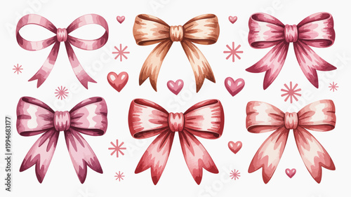 A collection of watercolor bows in varying shades of pink and gold interspersed with small hearts and floral accents high quality professional detailed modern elegant stylish
