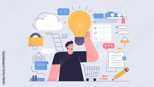 A man reaches for a glowing lightbulb amidst various icons representing ideas planning and progress symbolizing innovation high quality professional detailed modern elegant stylish clean crisp