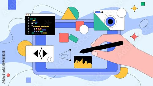 A colorful illustration depicts a hand holding a stylus over a digital tablet surrounded by coding and design elements high quality professional detailed modern elegant stylish