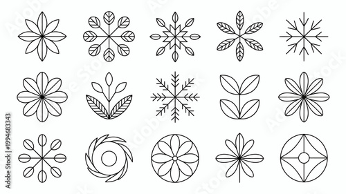 A collection of delicate minimalist floral and geometric line drawings arranged in a grid pattern on a white background high quality professional detailed modern elegant stylish