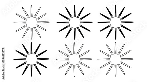 A collection of nine black and white starburst shapes are displayed in a grid pattern on a plain white background high quality professional detailed modern elegant