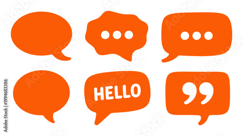 A collection of six orange speech bubbles in varying shapes and styles some containing text or ellipses on a white background high quality professional detailed modern