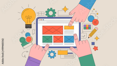 An overhead view depicts hands interacting with a laptop displaying a website layout surrounded by design elements high quality professional detailed modern elegant stylish clean crisp