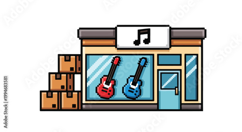 A pixel art music store features a musical note sign, red and blue guitars in the display window, and a stack of cardboard boxes outside.