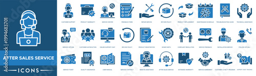 Set of blue and black icons for after sales service customer support and technical maintenance tasks