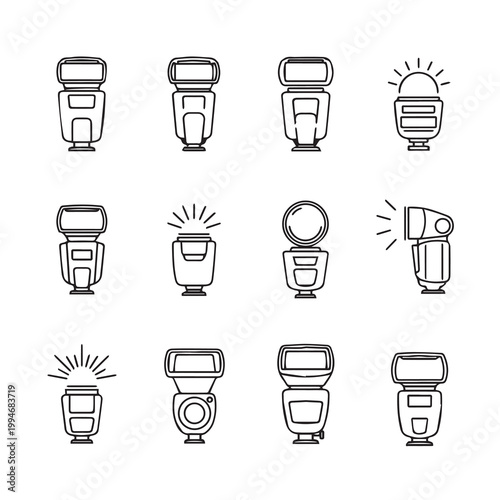 Collection of camera flashes in a clean line art style for photography and studio concepts