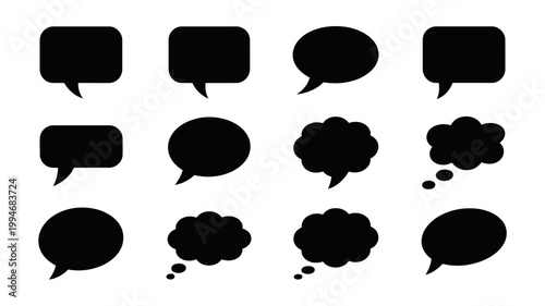 A collection of various black speech bubbles and thought balloons are arranged on a plain white background used for communication concepts high quality professional detailed modern