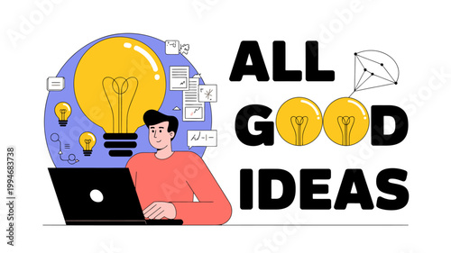 A person works on a laptop with a large lightbulb overhead symbolizing brainstorming and bright ideas in a modern style high quality professional detailed elegant stylish
