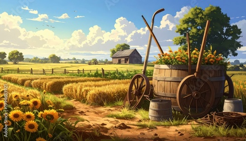 Idyllic Rural Farm Scene with Golden Wheat Fields and Sunflowers.