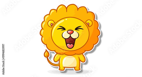 A cheerful cartoon lion character with an open mouth and closed eyes.
