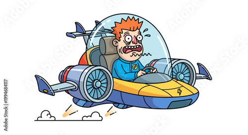 Scared man in a futuristic vehicle with engines