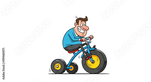 Cartoon man riding a blue tricycle with a big smile isolated on white background