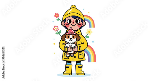 Cute cartoon child in a yellow raincoat holding a puppy with a rainbow and flowers