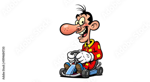 Funny cartoon racing driver in a go-kart with a big nose