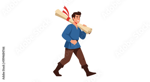 A man in medieval clothing carrying a large paper scroll over his shoulder