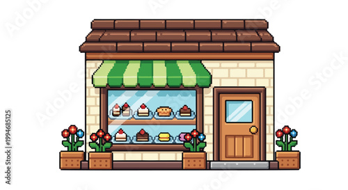 Pixel art vector of a charming small bakery storefront with a display window full of cakes, flower boxes, and a striped awning.