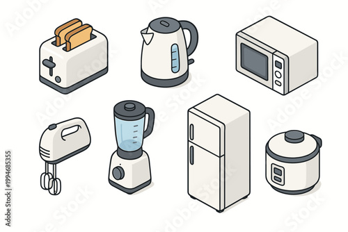 Isometric household appliances set including toaster kettle microwave hand mixer blender fridge and rice cooker for explainers.
