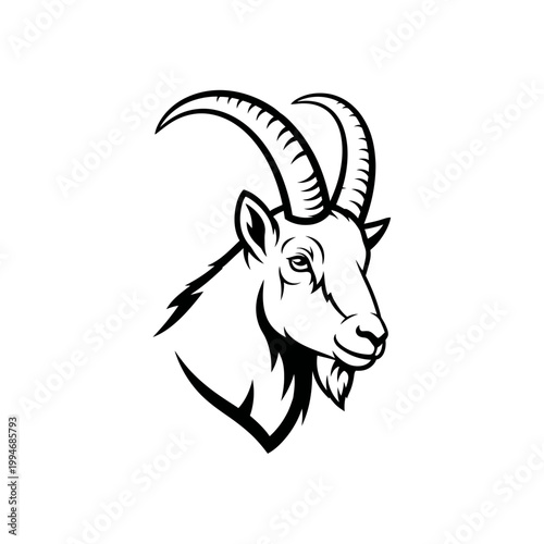 Majestic Ibex Head Silhouette, Wild Mountain Goat, Strong Horns, Vector Art