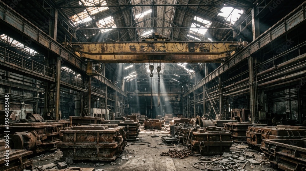 Fototapeta premium Abandoned Industrial Warehouse Interior with Overhead Crane and Sunlight.