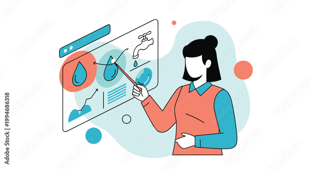 Fototapeta premium A female analyst or teacher points to a digital dashboard with graphs and icons, presenting data on water conservation, quality, and the water cycle.